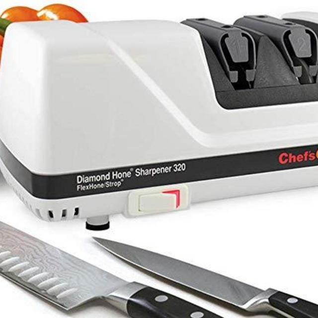 Chef’sChoice 320 Diamond Hone FlexHone Strop Professional Compact Electric Knife Sharpener with Diamond Abrasives and Precision Angle Control, 2-Stage, White