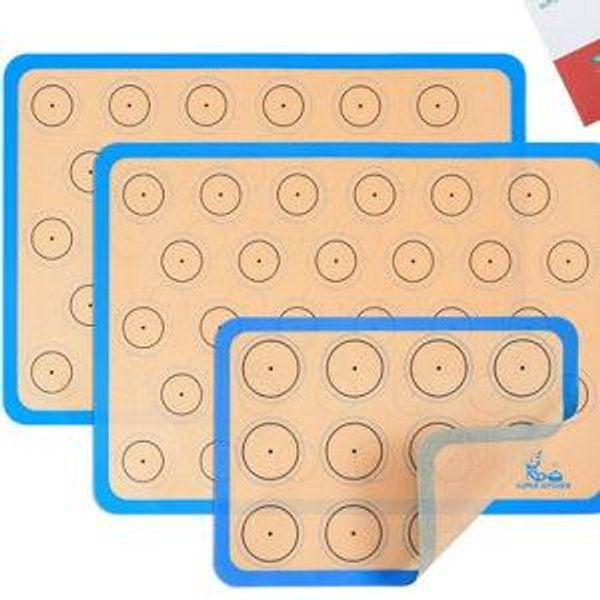 Silicone Macaron Baking Mat Half Sheet - Set of 3 (2 Half Sheet and 1 Quarter Sheet), Non Stick Silicon Oven Liner For Macaroons and Cookies, By Folksy Super Kitchen (16.5x11.6, Blue)