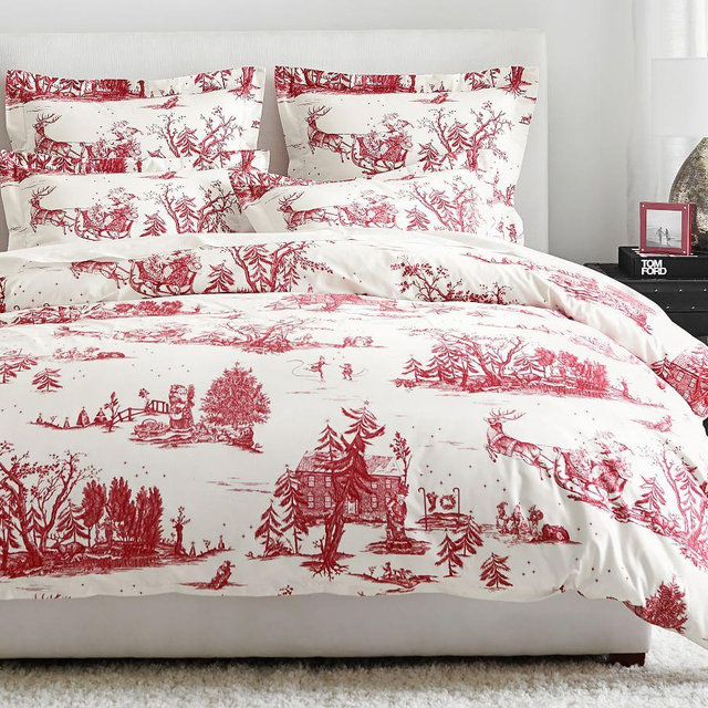 Red Santa Toile Organic Percale Duvet Cover, King/Cal. King