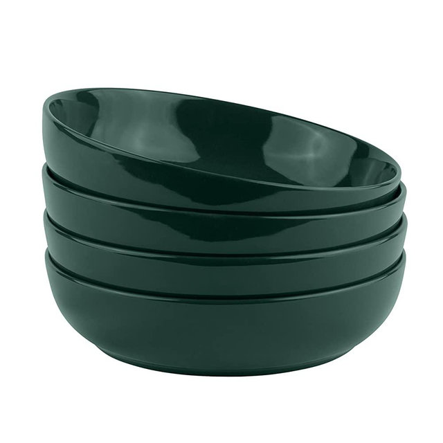 KooK Porcelain Pasta Bowl Set, For Soups and Salads, Serving Bowls, Large Capacity, Microwave & Dishwasher Safe, Set of 4, 40 oz (Hunter Green)