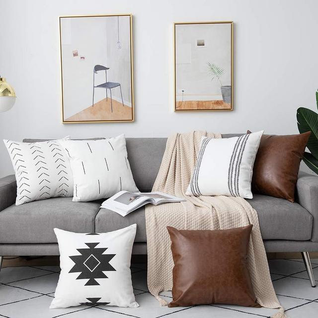 DEZENE 6 Pack Decorative Throw Pillow Covers for Sofa Couch Bed, 18 x 18 Inch 100% Cotton Modern Geometric White Cushion Covers and Faux Leather Square Pillow-Cases (Black and Brown)
