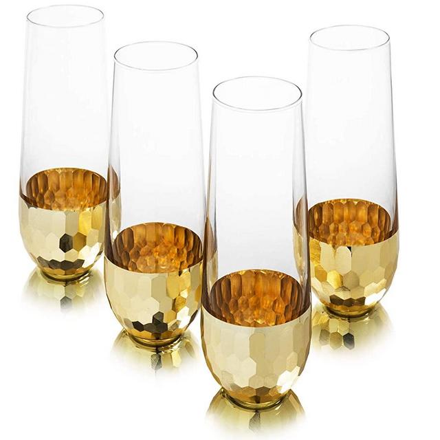 MyGift Modern Stemless Champagne Flute Party Glasses with Hammered Brass Plated Bottoms, Set of 4