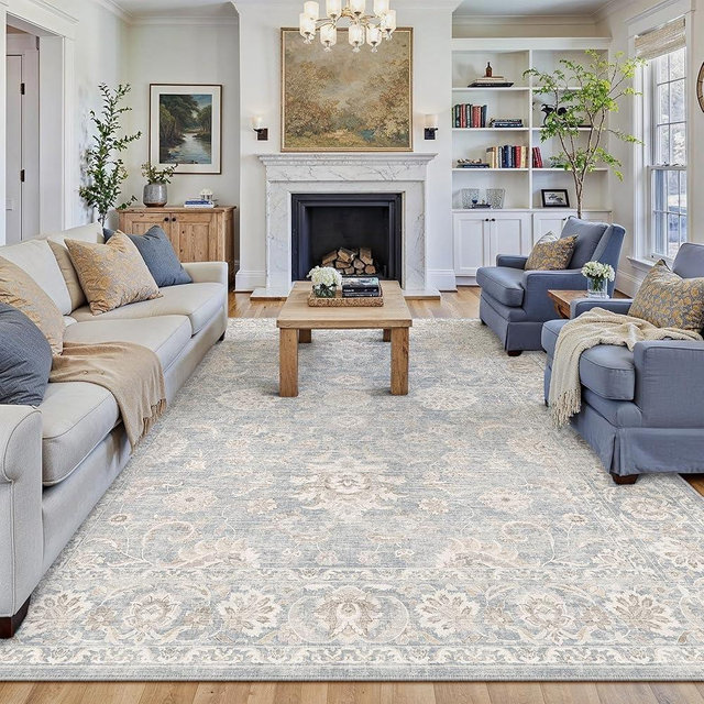 WondRg 7x10 Washable Blue Cream Area Rug for Living Room Bedroom Neutral Floral Non Slip Throw Rug Soft Low Pile Distressed Carpet for Dining Room Nursery Office Indoor