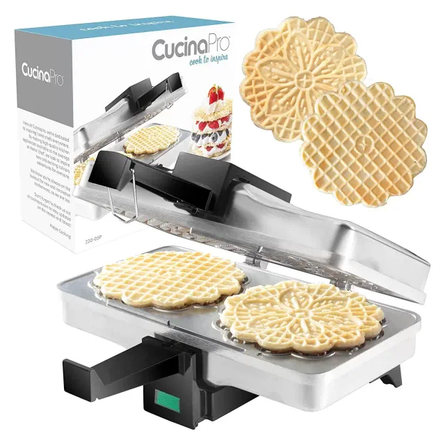 CucinaPro Pizzelle Maker- Baker Press Makes Two 5-Inch Cookies at Once- Recipe Guide Included- Great Holiday & Christmas Gift for Dessert Lovers