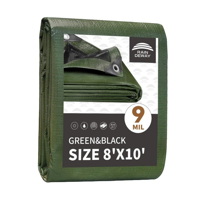 RAINDEWAY Tarps 8x10 Feet,Tarp Waterproof,9Mil Thick,Finished Size,Multipurpose Poly Tarp Cover with Metal Grommets and Reinforced Edges,Green/Black Tarpaulin
