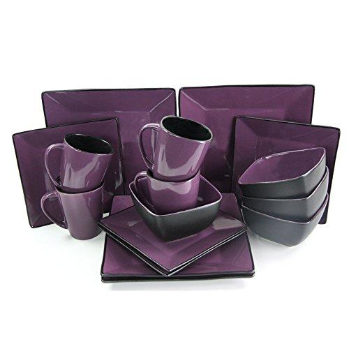 Elama Mulberry Loft Stoneware Square Dinnerware Dish Set, 16 Piece, Solid Purple