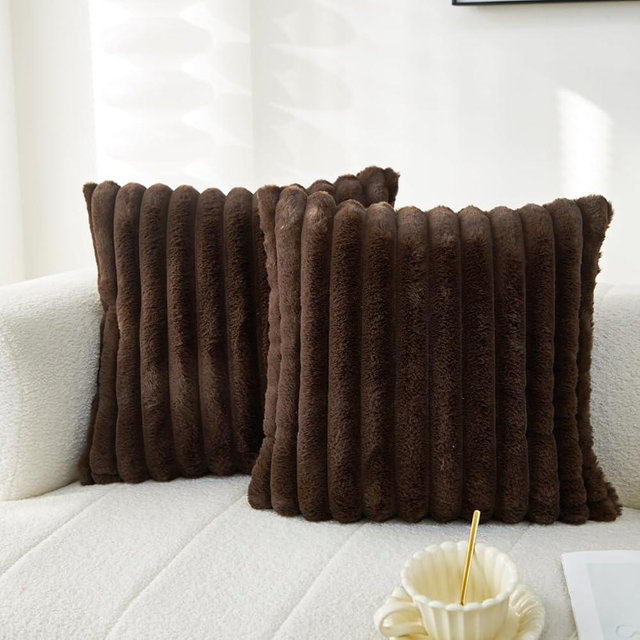 Sunday Praise Dark Brown Striped Throw Pillow Covers 24x24 Inch Set of 2 Double-Sided Faux Fur Plush Decorative Pillow Cases Soft Luxury Large Cushion Cases for Couch Sofa Living Room Décor