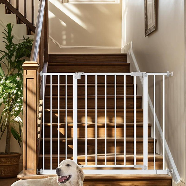 InnoTruth Baby Gate for Stairs 28.9-42.1" Wide, 30" Tall Easy Step Walk Through Expandable Dual Lock Dog Gates for The House, Metal Pressure Mounted Easy Install Pet Gate for Dogs, White