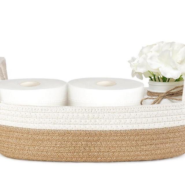 Mkono Small Storage Basket for Toilet Tank Top Boho Bathroom Decor Woven Rope Toilet Paper Tray Back of Toilet Organizer for Shelf Bedroom Living Room, Brown and White, 1 Pack, 13" L x 6" W