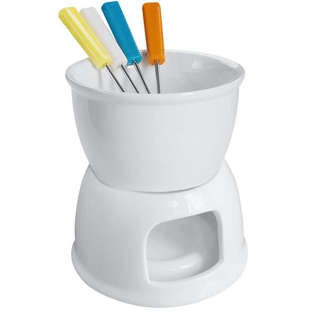 Tebery Fondue Set with 4 Color Forks, Premium Tea Light Porcelain Melting Pot for Cheese, Chocolate and Tapas - White