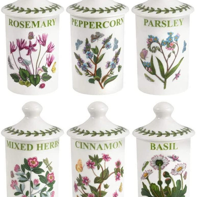Portmeirion Botanic Garden Collection Spice Jars, set of 6, 4.5-inch, Assorted Motifs, Made of Porcelain, Beautiful and Functional Kitchen Décor, Draw Storage Containers