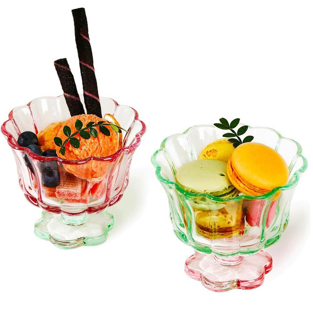 TUCHACA Ice Cream Bowls Drinking Glass Cups Set of 2 (Pink & Green), Flower Petal Style Glasses, 8.5oz, Suitable for Ice cream, Cocktails, Dessert & More.