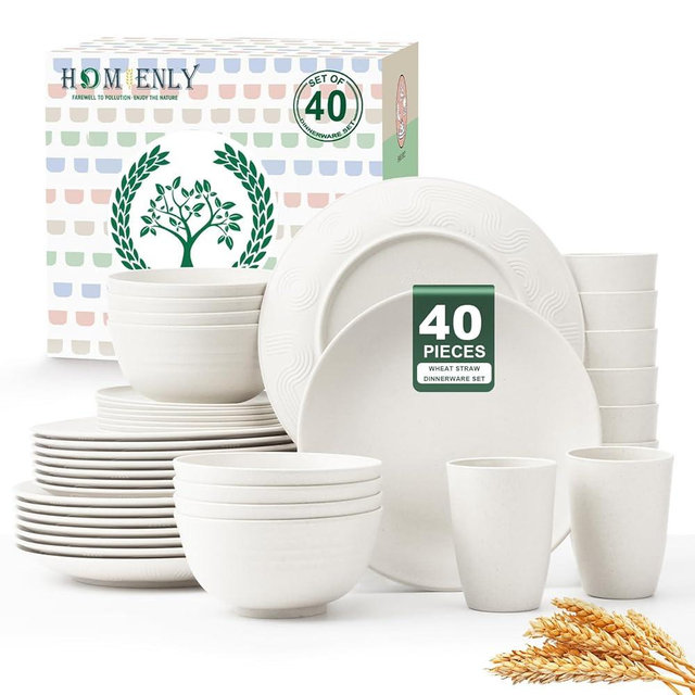 Homienly 40- Pieces Wheat Straw Dinnerware Set, Service for 8, Lightweight Roud Plates and Bowls Set, Unbreakable Dishes Set- Dinner Plates, Bowls, Cups,Microwave and Dishwasher Safe(White)