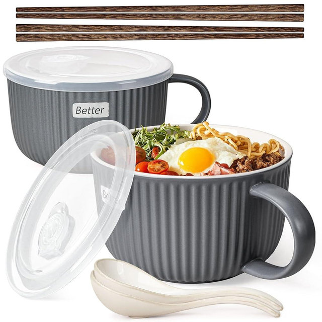 Artena 38 oz Soup Bowls with Handles, Lids, Spoons & Chopsticks – 6 Inch Large Microwave Safe Ceramic Ramen Bowls, Soup Mugs & Cereal Bowls for Instant Noodles, Oatmeal, Meal Prep (Grey-Set of 2)