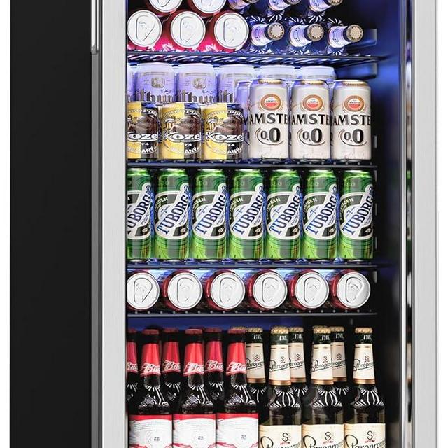 Feelfunn Beverage Refrigerator Cooler - 126 Can Mini Fridge Glass Door for Drinks Soda Beer Wine - Small Refrigerator for Office Bedroom Home Bar, 4 Adjustable Shelves, 3.2 Cu.Ft, Silver