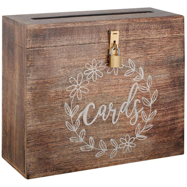 Eximious India Wedding Card Box with Card Slit and Lock 12"X10"X4.5"- Gift Wishing Well Card Box for Weddings, Receptions, Birthdays, Graduations, Baby Showers, Honeymoon Funds FLWR (BURNT WOOD)
