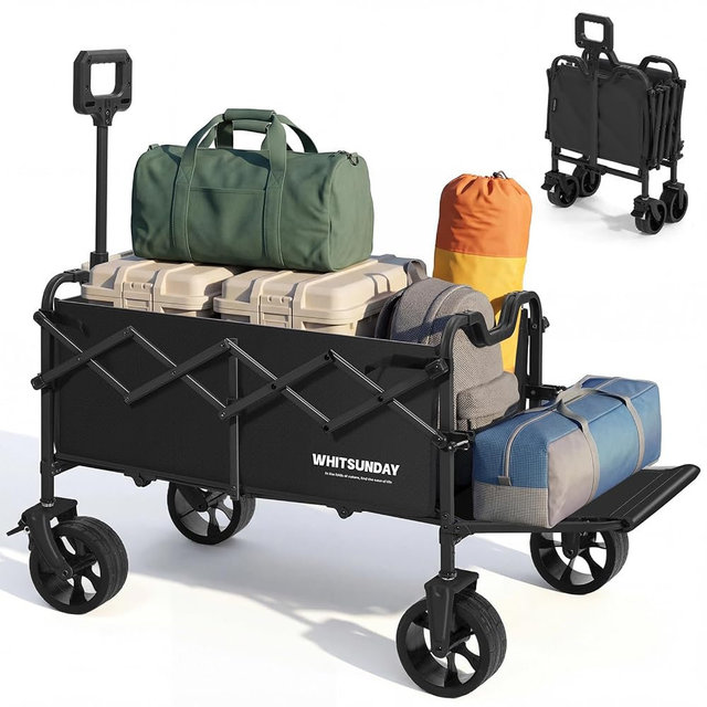 Collapsible Folding Wagon Cart, Heavy Duty Utility Wagons with Tailgate & Wheels,Portable Utility Cart for Camping,Garden,Beach,Sports Black