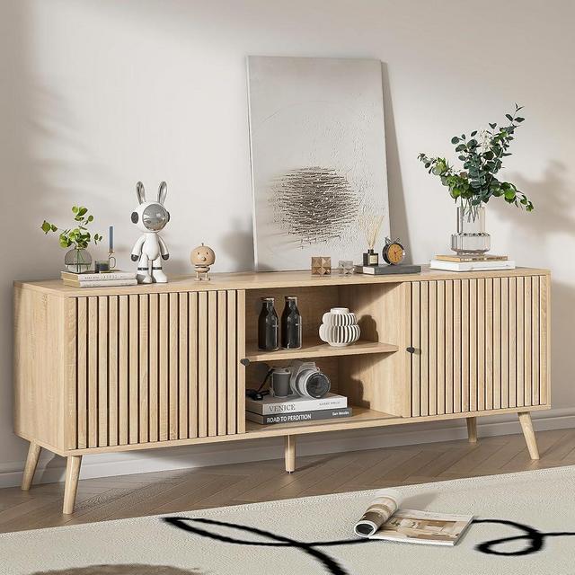 Oubayajia Mid Century Modern TV Stand for Televisions up to 70 Inches, with Sliding Doors and Storage, Television Stands, TV Consoles, Media Consoles for Living Room, 63 Inch (Natural)