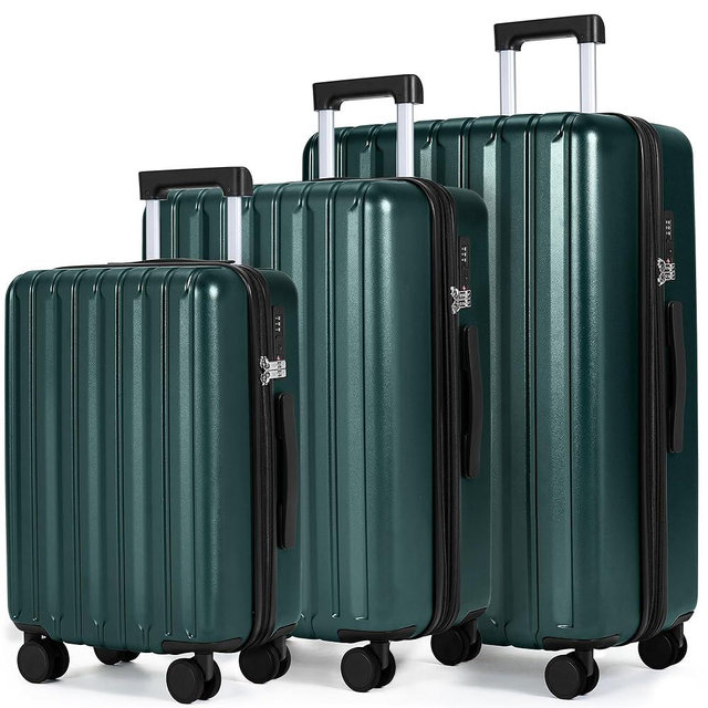 SHOWKOO Luggage Sets 3 Piece 100% PC Ultra Tough Hardside Expandable Suitcases Sets with TSA Lock Double Spinner Wheels (20in/24in/28in, Dark Green