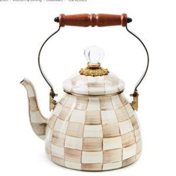 MACKENZIE-CHILDS Enamel Tea Kettle, Stylish Tea Kettle for Stovetop, Brown-and-White Mocha Check, 2 Quarts