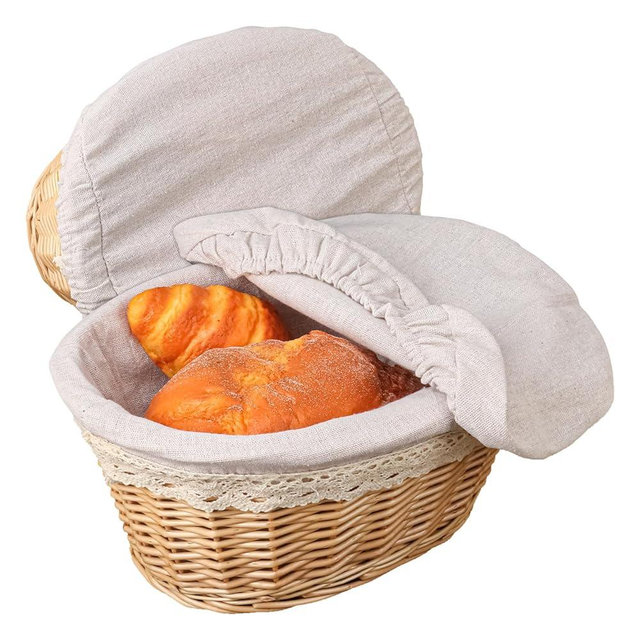 Geytetqi 2 Pack 12 Inch Oval Wicker Bread Basket, Elegant Woven Wicker Bread Baskets for Serving, Sourdough Proofing Basket with Removable Liner and Cover