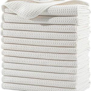 POLYTE Premium Microfiber Kitchen Dish Hand Towel Waffle Weave 12 Pack (16x28 in, Off White)