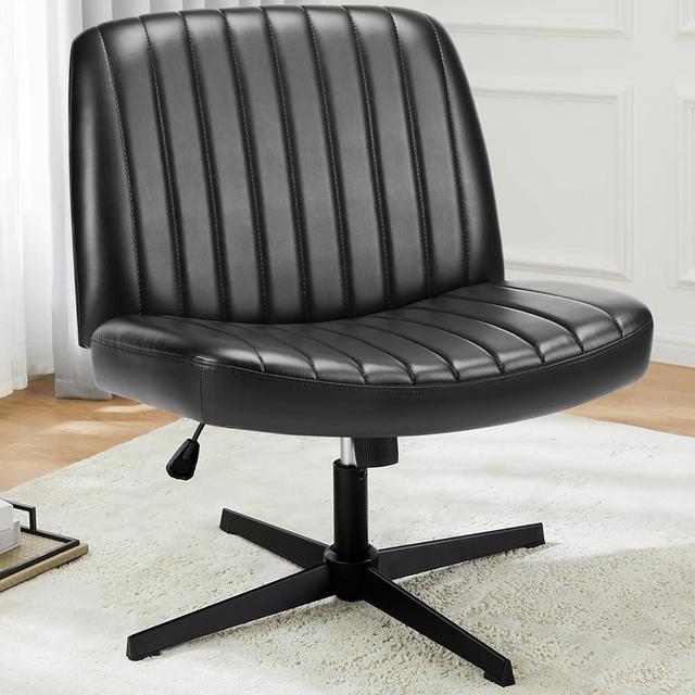 Cross Legged Office Chair, Armless Wide Desk Chair No Wheels, Modern Home Office Desk Chair Swivel Adjustable Leather Vanity Chair
