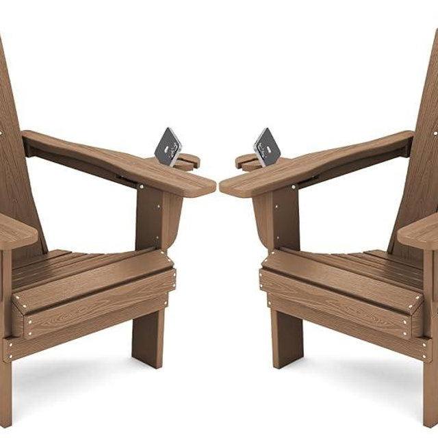 SERWALL Adirondack Chair with Cup Holders - Composite Adirondack Chairs Set of 2 HDPE Outdoor Chairs All Weather Use- Brown