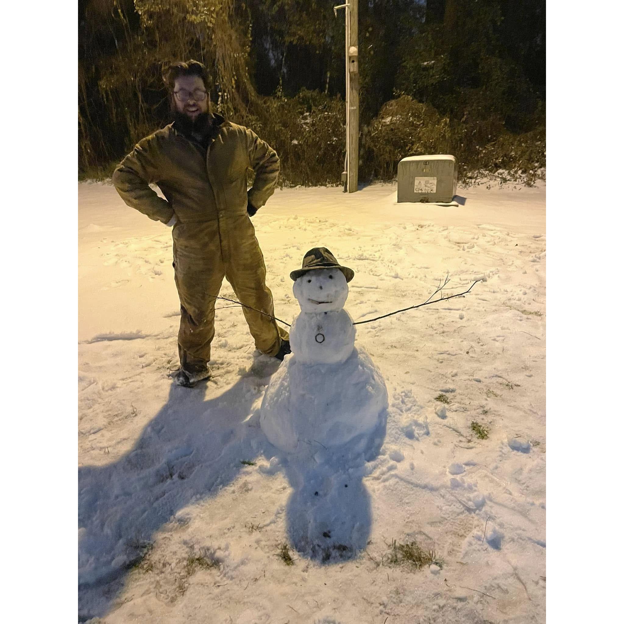 The first snowman we have ever made in the first real snow for South Georgia. It's a lot harder than it looks.