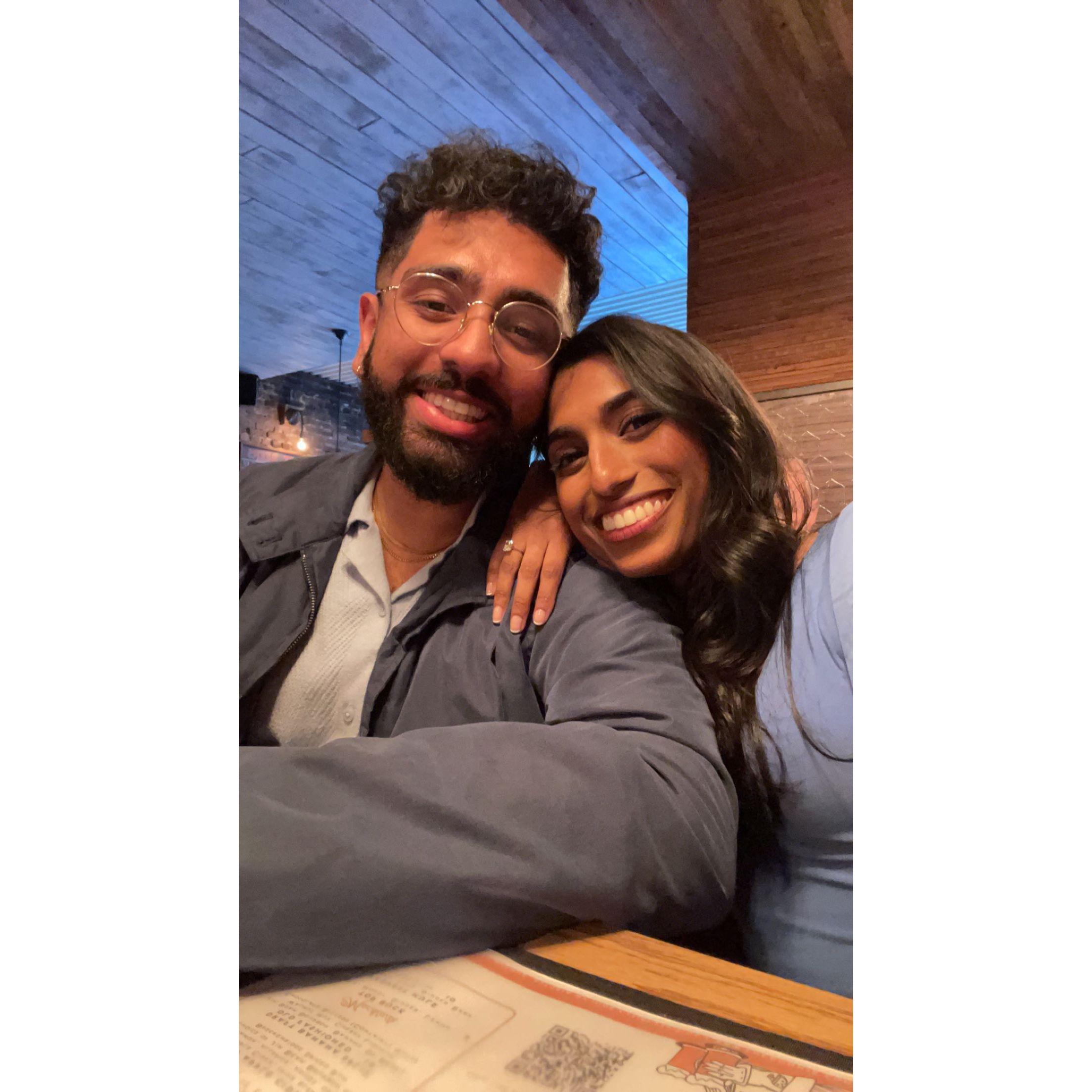 Post-proposal at the same restaurant as our first date