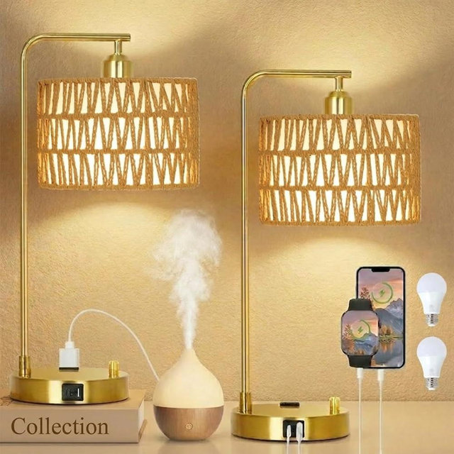 Boho Table Lamps With USB Charging Ports And Outlet, Dimmable Rattan Lamp Set Of 2 With Bulbs, Wicker Bedside Lamps For Bedroom Living Room Side Table, Gold Tall Desk Lamp For Bohemian Home Office