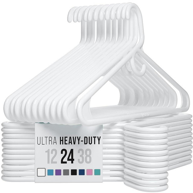 Ultra Heavy Duty Plastic Clothes Hangers - White - Durable Coat, Suit and Clothes Hanger. Perchas De Ropa (24 Pack - White)