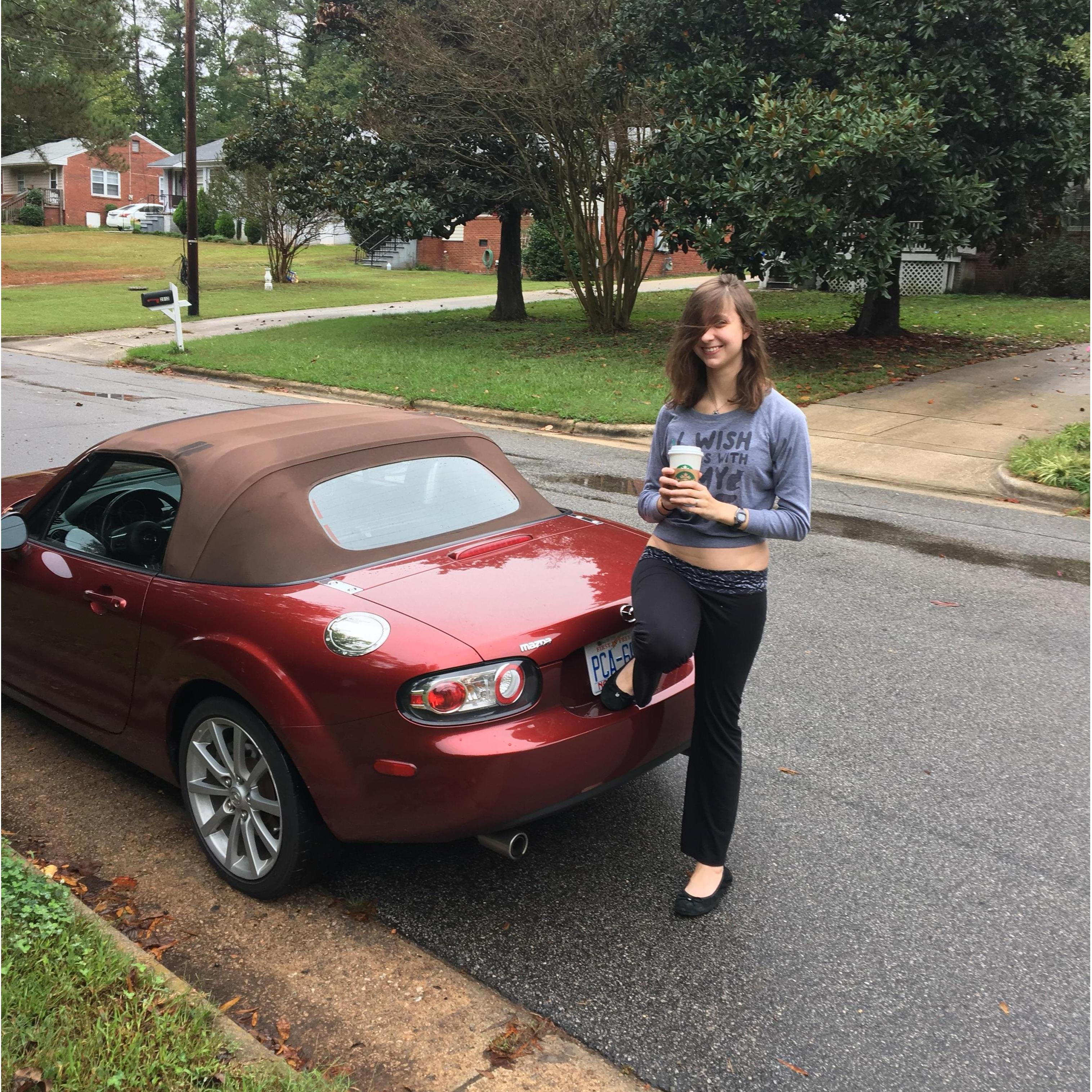 Ian's beautiful Miata parked outside his parents' house - before it was totalled in June of 2018.