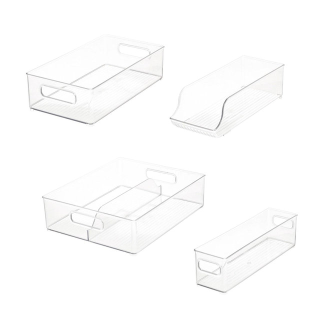 iDESIGN 4pc Recycled Plastic Fridge Organizer Bin Set: Clear Kitchen Storage, Dishwasher-Safe, 14.5" x 12" x 8"
