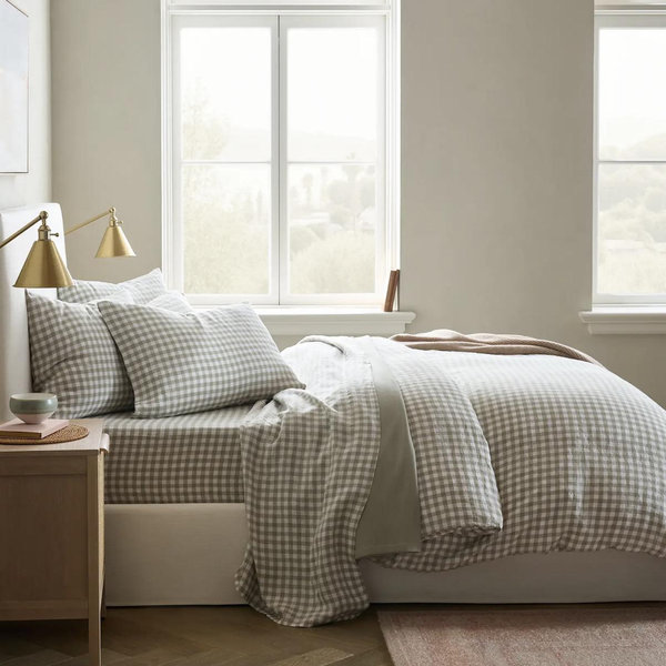 European Linen Gingham Duvet Cover - Willowleaf, Full/Queen