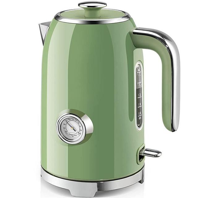 SUSTEAS Electric Kettle, 57oz Hot Tea Kettle Water Boiler with Thermometer, 1500W Fast Heating Stainless Steel Tea Pot, Cordless with LED Indicator, Auto Shut-Off & Boil Dry Protection, Retro Green