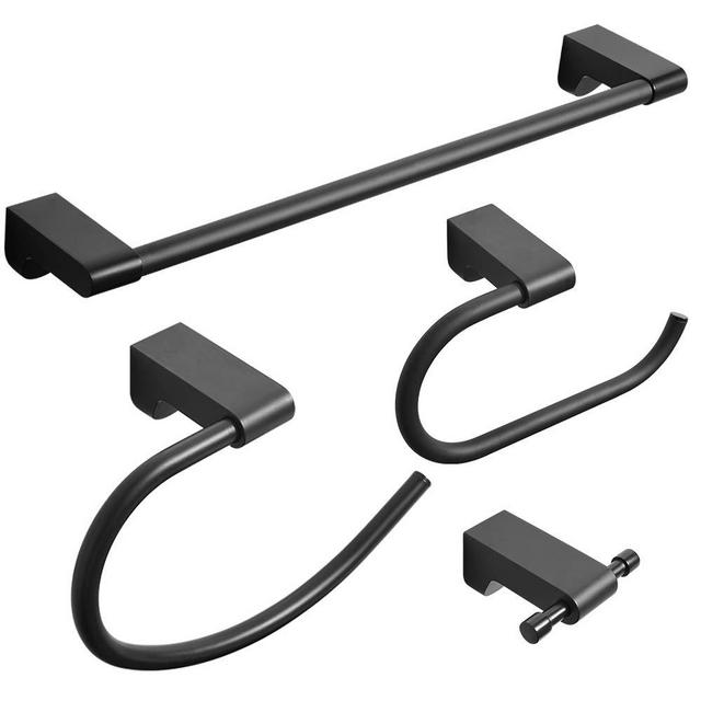 BESy Matte Black 4 Piece Bathroom Accessories Set (Single Towel Bar, Towel Ring, Toilet Paper Holder, Double Towel Hooks ), Wall Mounted Bath Hardware Accessory Fixtures Rack Set,Stainless Steel