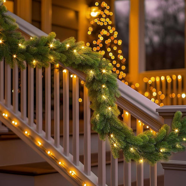 Alupssuc 9ft Pre-Lit Christmas Garland, Artificial Lighted Norfolk Pine Garland with Multi-Color Lights, Battery Operated Garland for Mantle Stairs Table Fireplace Xmas Decorations