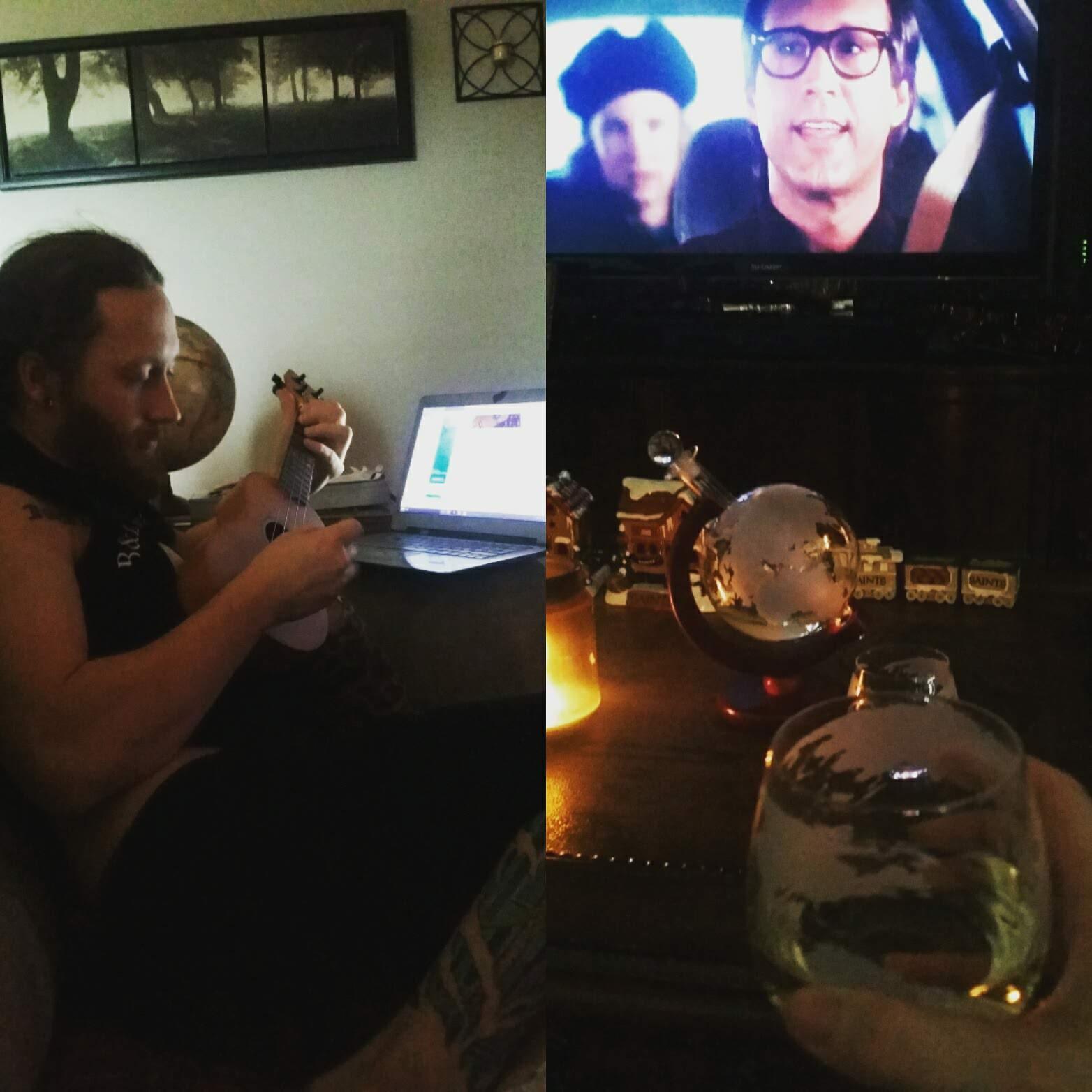 Enjoying our Christmas gifts, watching Christmas Vacation.