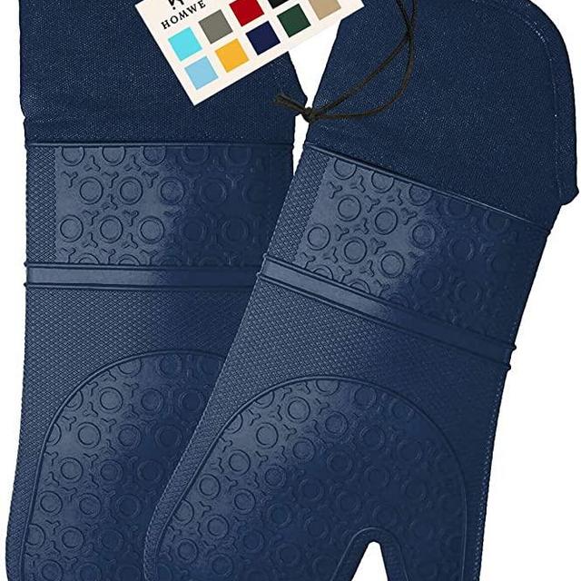 HOMWE Extra Long Professional Silicone Oven Mitt, Oven Mitts with Quilted Liner, Heat Resistant Pot Holders, Flexible Oven Gloves, Navy Blue, 1 Pair, 14.7 Inch