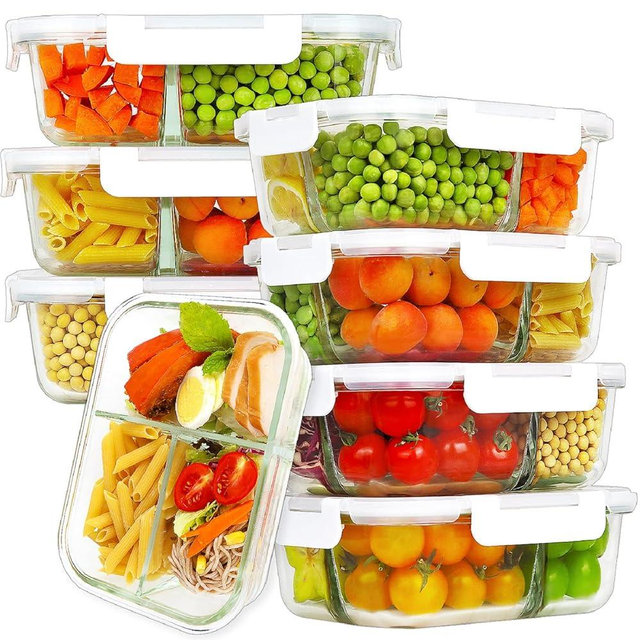 HOMBERKING 8 Pack Glass Meal Prep Containers 3 Compartment, 33oz Glass Food Storage Containers with Lids, Airtight Lunch Bento Boxes, BPA-Free & Leak Proof (Set of 8) - White
