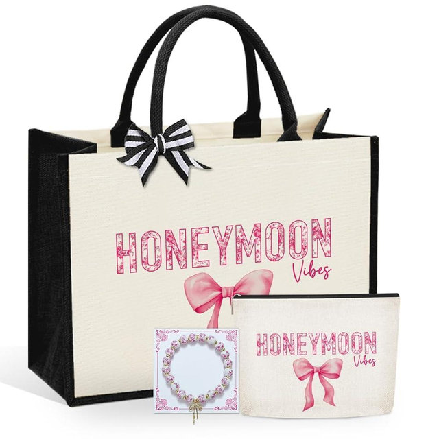 KongMoTree 3 Pcs Bride Wedding Tote Bag with Makeup Bag and Bracelets, Tote Bags with Floral for Wedding Party