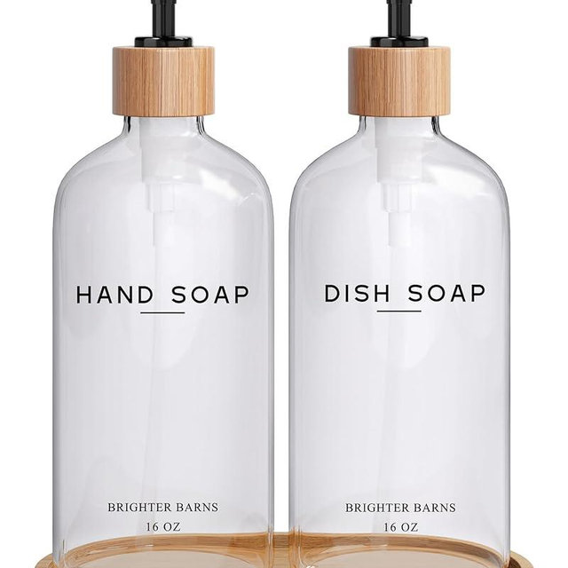 Clear Glass Hand and Dish Soap Dispenser Set by Brighter Barns - Kitchen Soap Dispenser Set with Bamboo Tray - Modern Soap Dispenser for Kitchen Sink - Modern Kitchen Decor, Minimalist Decor (Clear)