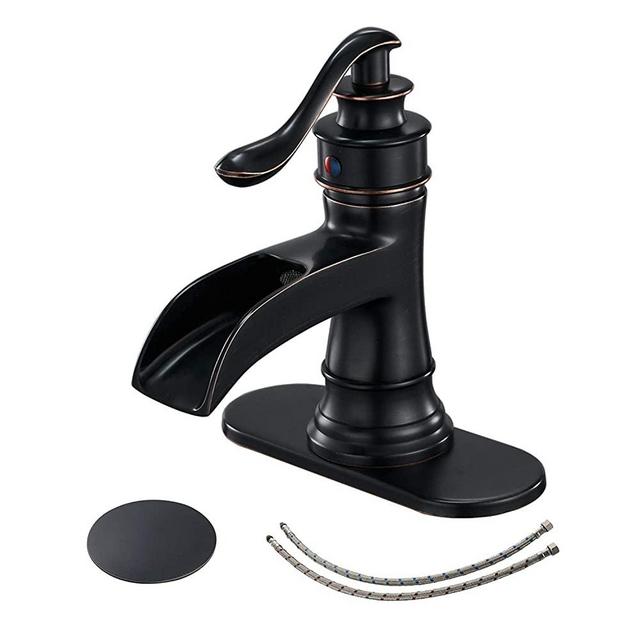 BWE Bathroom Sink Faucet with Drain Assembly and Supply Hose Lead-free Lavatory Waterfall Faucet Single-Handle Mixer Tap One Hole Oil Rubbed Bronze