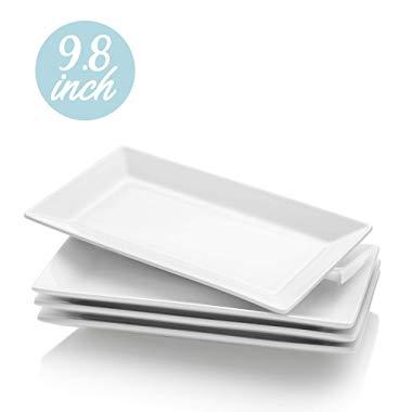 Krockery Porcelain Serving Plates, Rectangular Serving Trays for Parties - 9.8 Inch, White, Set of 4