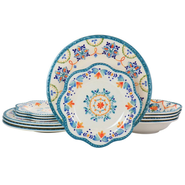 Gibson Home 12 Piece Tamara Melamine Dinnerware Set in White and Floral