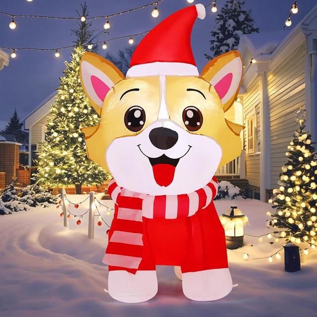 GOOSH 4.2 FT Christmas Inflatables Dog Outdoor Decorations Blow Up Yard Cute Corgi Punny Wearing a Santa Hat with Built-in LEDs for Garden Lawn Indoor Party Decor