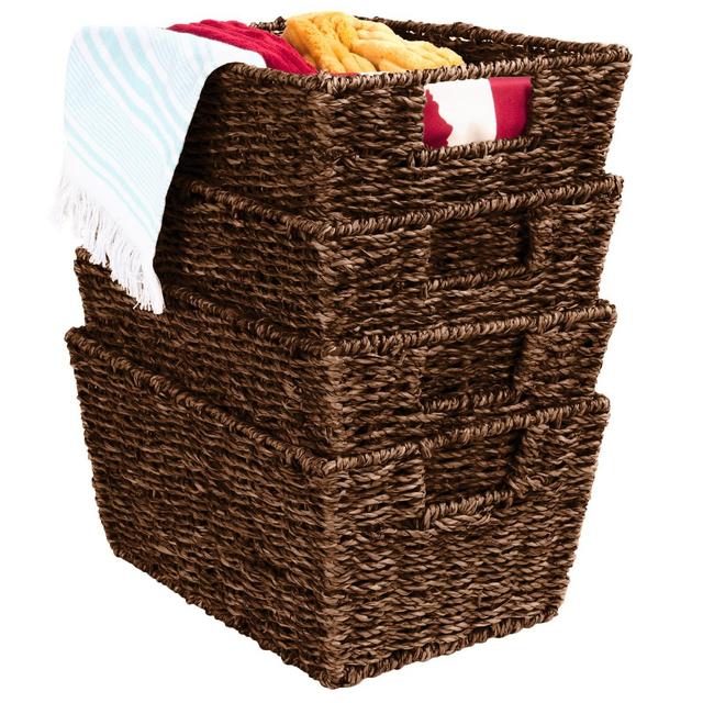 Best Choice Products Set of 4 Multipurpose Stackable Seagrass Laundry Organizer Tote Baskets w/ Insert Handles - Brown