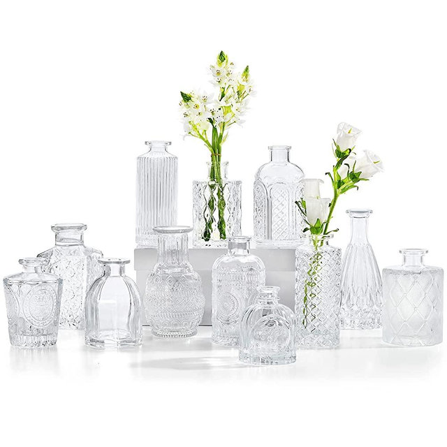 CUCUMI Bud Vases Set of 12, Small Glass Vase for Flowers, Clear Bud Vases in Bulk, Vintage Bud Flower Vases for Rustic Wedding Home Centerpieces Table Decorations
