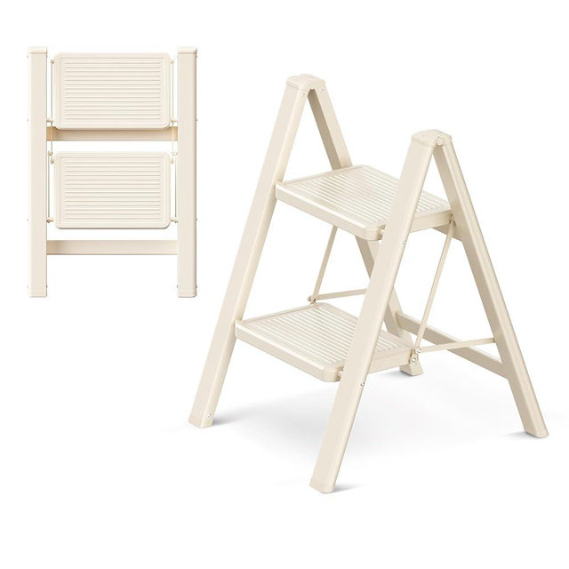 GameGem 2 Step Ladder Folding Step Stool with Wide Anti-Slip Pedal, 330LBS Capacity, Lightweight Portable Stepladder for Home and Kitchen Use, Cream White